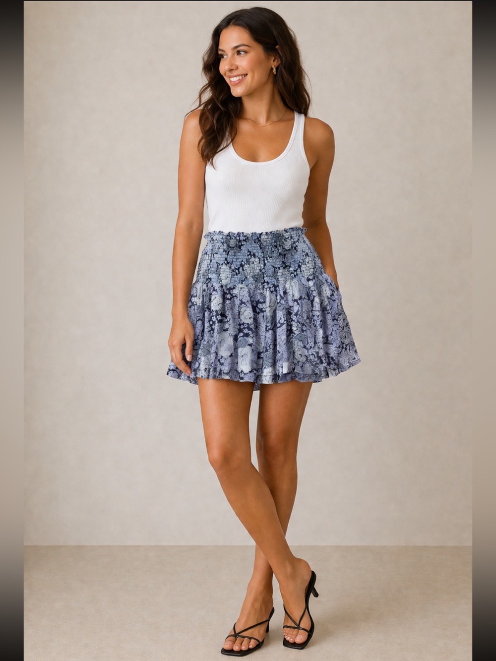 Ganni Smocked Waist Floral Mini Skirt Blue Gray Viscose Size 38 (US 6) Boho